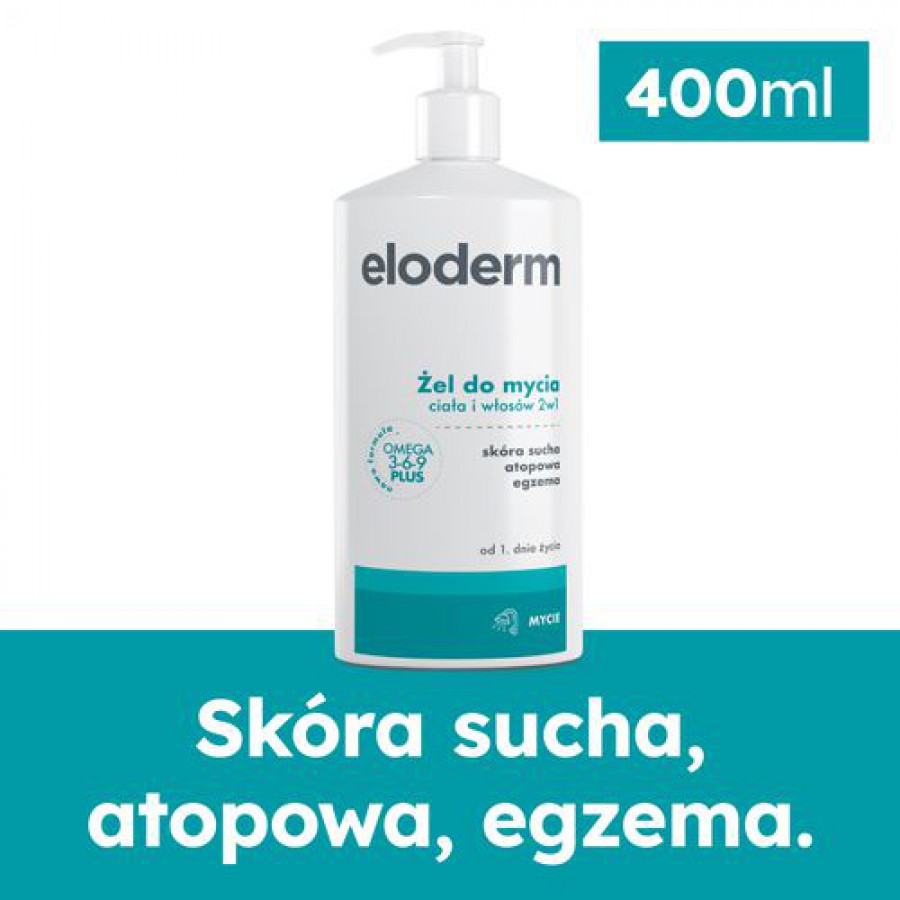 Miniaturka artykułu - #0 ELODERM Żel do mycia ciała i włos&oacute;w 2w1, 400ml