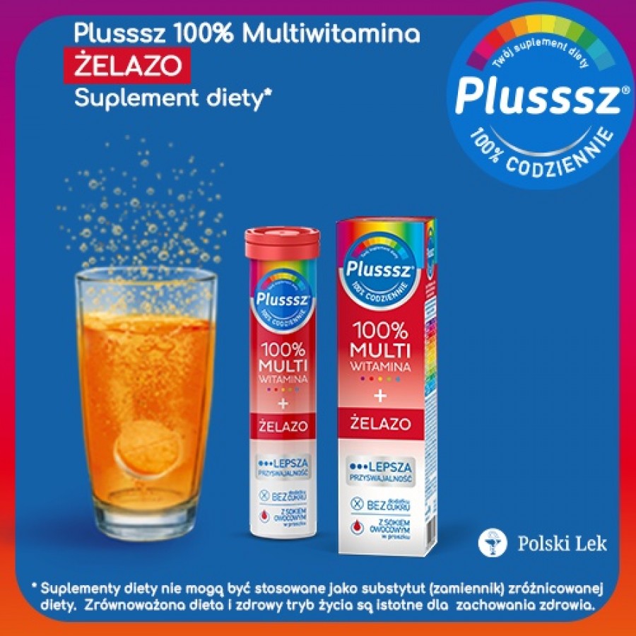 Miniaturka artykułu - #0 Plusssz 100% Multiwitamina + Żelazo, 20 tabletek musujących