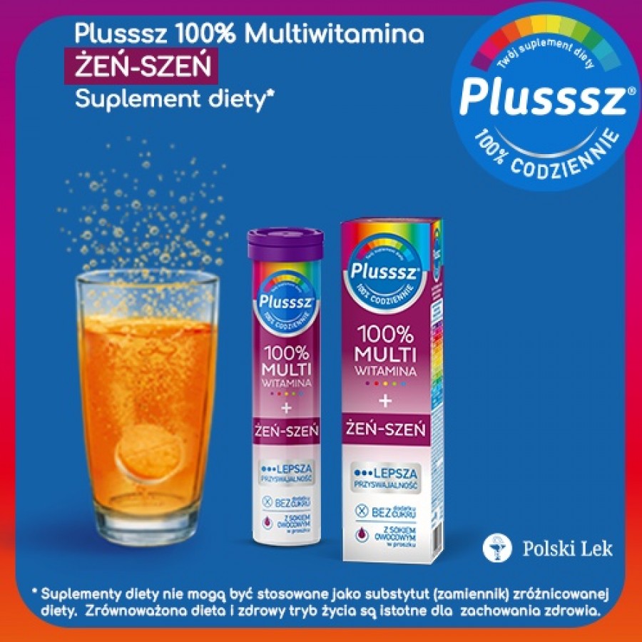 Miniaturka artykułu - #0 Plusssz 100% Multiwitamina +Żeń-Szeń, 20 tabletek musujących 