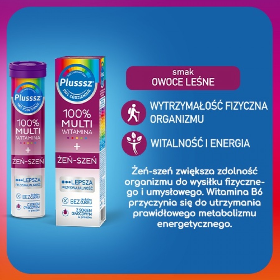 Miniaturka artykułu - #1 Plusssz 100% Multiwitamina +Żeń-Szeń, 20 tabletek musujących 