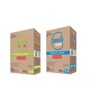 Zdjęcie produktu - 0 Zestaw MR. ZIGGI proszek do prania i dzynfekcji COLOR, 500g+MR. ZIGGI proszek do prania i dezynfekcji WHITE, 500g