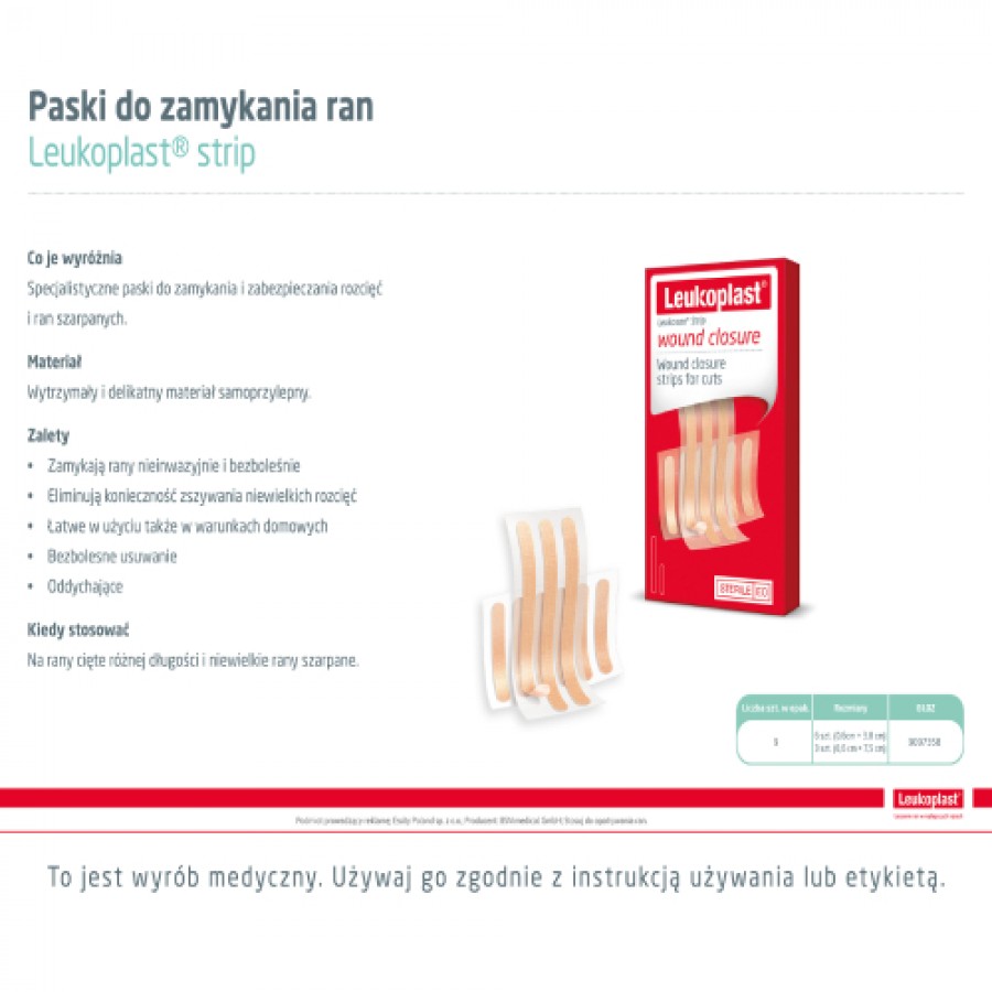 Zdjęcie produktu - 3 Leukoplast Strip Paski do zamykania ran - 2 rodzaje, 9 szt.