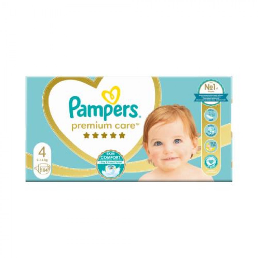 Zdjęcie produktu - 3 Pampers Premium Care 4 Pieluchy dla dzieci (9-14 kg), 104 szt.