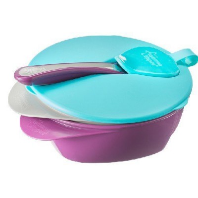 Zdjęcie produktu - 0 Tommee Tippee Miseczki (fioletowa i szara) z pokrywką i łyżeczką
