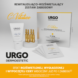 Zdjęcie produktu - #0 URGO DERMOESTETIC C-Vitalize Rewitalizująco-rozświetlający Zestaw Zabiegowy C-HYAL: Korundowy peeling aktywujący 50ml + Ampułka z serum 4x1ml + Maska do twarzy, szyi i dekoltu 4x2,5ml