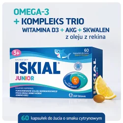 Miniaturka artykułu - #0 Iskial Junior olej z wątroby rekina, witamina D, DHA smak cytrynowy, 60 kaps. do żucia