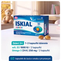 Miniaturka artykułu - #1 Iskial Junior olej z wątroby rekina, witamina D, DHA smak cytrynowy, 60 kaps. do żucia
