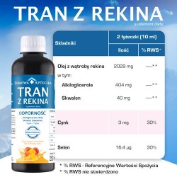 Zdjęcie produktu - #3 DOMOWA APTECZKA Tran z rekina o smaku mango-brzoskwinia emulsja, 250ml (nowa formuła)