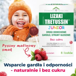 Zdjęcie produktu - #0 DOMOWA APTECZKA Tretussin Junior lizaki o smaku malinowym, 8 szt.
