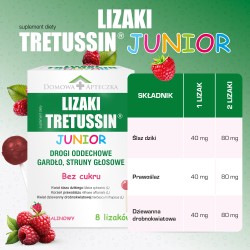 Zdjęcie produktu - #3 DOMOWA APTECZKA Tretussin Junior lizaki o smaku malinowym, 8 szt.