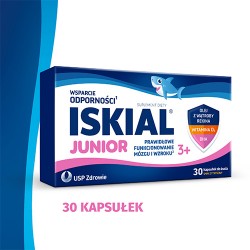 Zdjęcie produktu - #0 Iskial Junior olej z wątroby rekina, witamina D, DHA smak cytrynowy, 30 kaps. do żucia