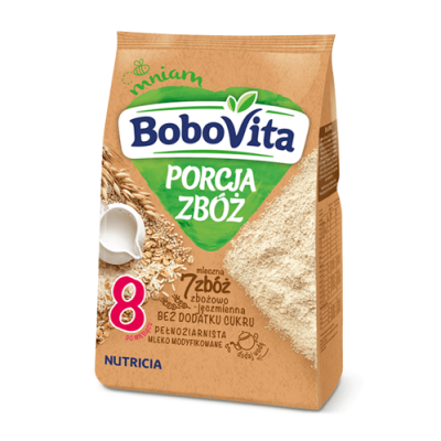 Miniaturka artykułu - BoboVita Porcja Zb&oacute;ż Kaszka mleczna 7 zb&oacute;ż zbożowo- jęczmienna pełnoziarnista - 210 g (25764)