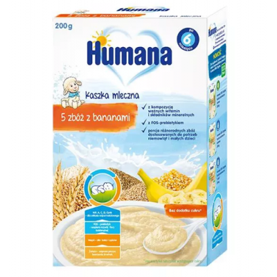 Miniaturka artykułu - HUMANA Kaszka mleczna 5 zb&oacute;ż z bananami po 6. miesiącu - 200 g