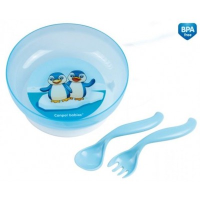 Miniaturka artykułu - CANPOL BABIES Miseczka z przykrywką i sztućcami niebieski pingwin 21/300