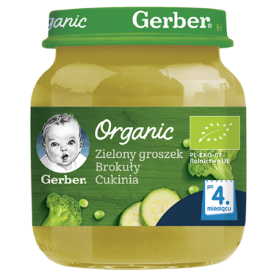 Miniaturka artykułu - Gerber Organic obiadek Zielony groszek brokuły cukinia po 4. miesiącu - 125 g