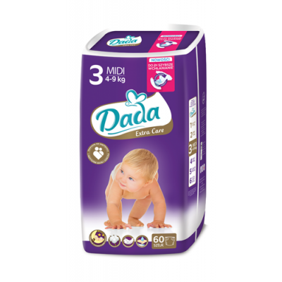 Miniaturka artykułu - DADA EXTRA CARE Pieluszki rozmiar 3 MIDI  (4-9 kg) - 60 sztuk