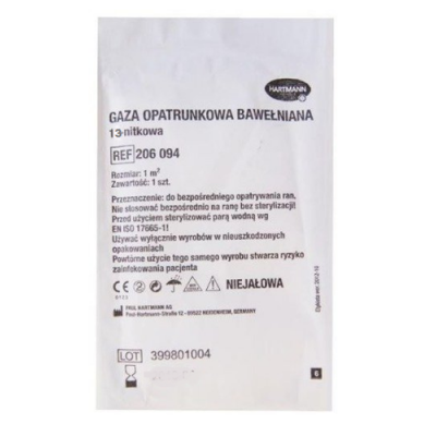Miniaturka artykułu - Hartmann Gaza opatrunkowa bawełniana niejałowa 13-nitkowa 1 m2 - 1szt.