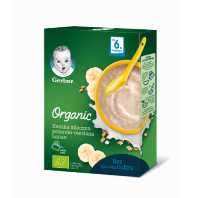 Miniaturka artykułu - GERBER ORGANIC Kaszka pszenno-owsiana banan po 6. miesiącu, 240g