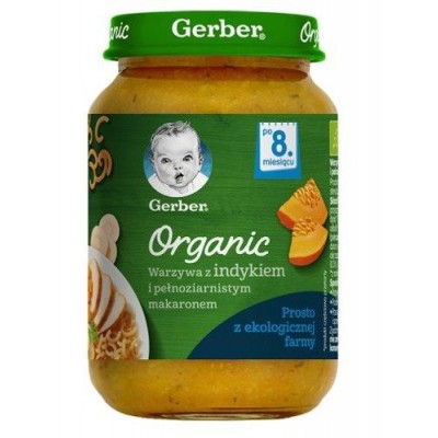 Miniaturka artykułu - Gerber ORGANIC Warzywa z indykiem i pełnoziarnistym makaronem po 8. miesiącu, 190 g