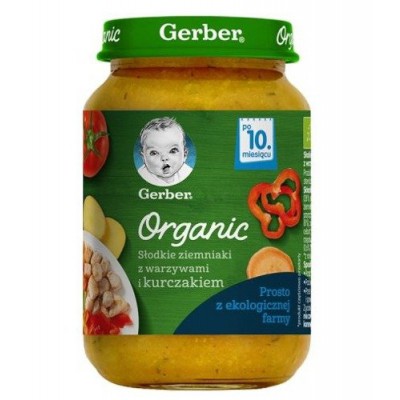 Miniaturka artykułu - Gerber Organic Słodkie ziemniaki z warzywami i kurczakiem po 10. miesiącu, 190 g