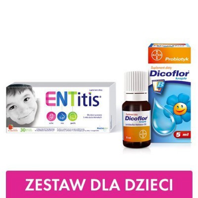 Miniaturka artykułu - Zestaw ENTitis do ssania truskawkowy, 30pastylek + DICOFLOR krople dla niemowląt i dzieci, 5ml