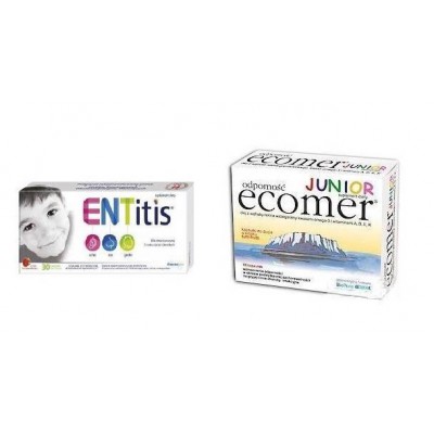 Zestaw ENTitis do ssania truskawkowy, 30 pastylek +  Ecomer Odporność Junior, 30 kapsułek do żucia