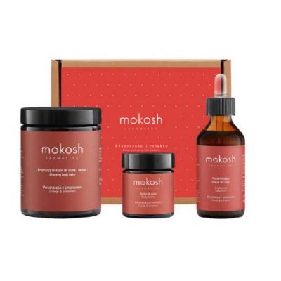 Miniaturka artykułu - MOKOSH Zestaw Ciepło pomarańczy z cynamonem: balsam brązujący 180ml + rozświetlający eliksir do ciała 100ml + masło do ciała 30ml