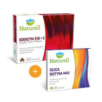 Miniaturka artykułu - Zestaw Naturell Koenzym Q-10+E, 120 kapsułek + Silica Biotyna Max, 20tabl.