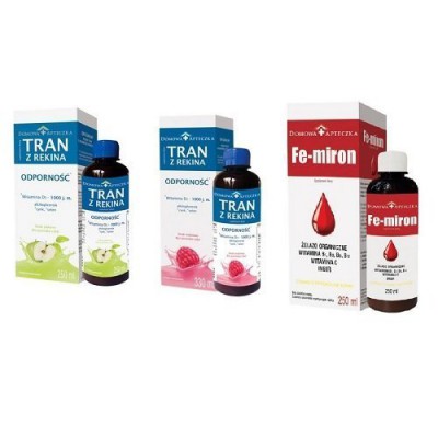 Miniaturka artykułu - DOMOWA APTECZKA Tran z rekina - smak jabłkowy emulsja, 250ml + Tran z rekina grenlandzkiego o smaku malinowym, 330 ml + Fe-miron, 250ml