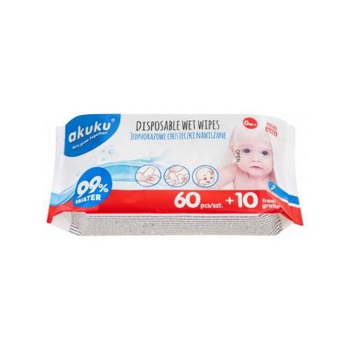 Miniaturka artykułu - AKUKU Jednorazowe chusteczki nawilżane 99% wody 0m+ 70szt.