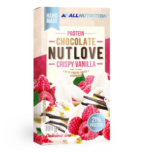 Miniaturka artykułu - ALLNUTRITION Protein Chocolate NutLove Crispy Vanilla Biała czekolada białkowa z malinami, 100g