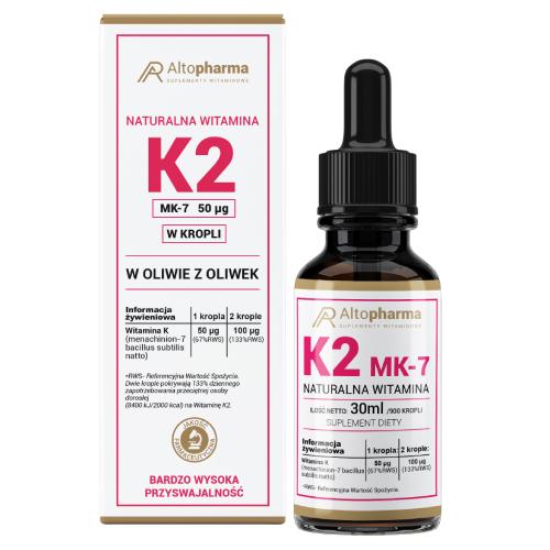 Miniaturka artykułu - Altopharma Naturalna Witamina K2 MK-7 50 &micro;g krople w oliwie z oliwek, 30 ml