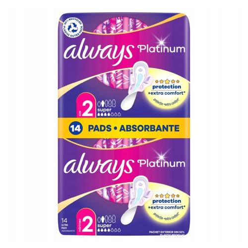 Miniaturka artykułu - ALWAYS Platinum Super (Rozmiar 2) Podpaski ze skrzydełkami, 14 sztuk