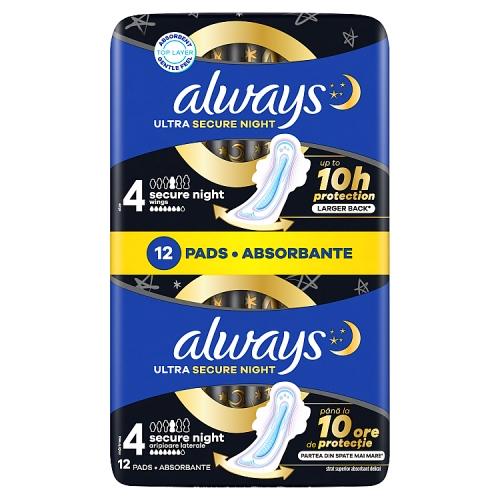 Miniaturka artykułu - Always Podpaski Ultra Secure Night ze skrzydełkami rozmiar 4, 12 szt.
