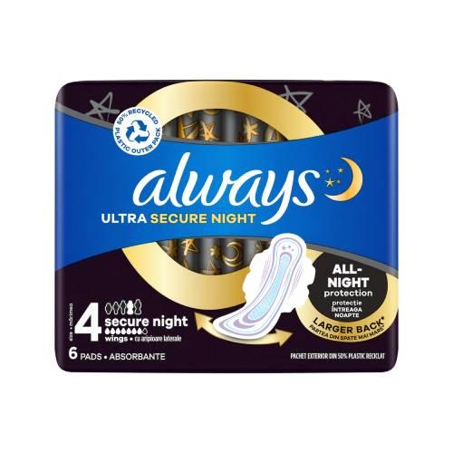 Miniaturka artykułu - ALWAYS Ultra Podpaski Secure Night ze skrzydełkami, 6szt.