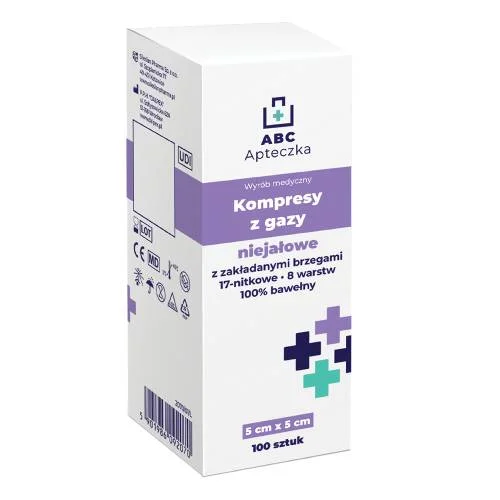 Miniaturka artykułu - Apteczka ABC Kompresy niejałowe z gazy 17 nitkowe 8 warstwowe 5 x 5 cm, 100 szt.