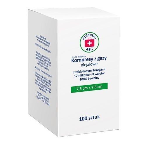 Miniaturka artykułu - Apteczka ABC Kompresy z gazy niejałowe z zakładanymi brzegami 17N 8W 7,5cm x 7,5cm, 100 szt.