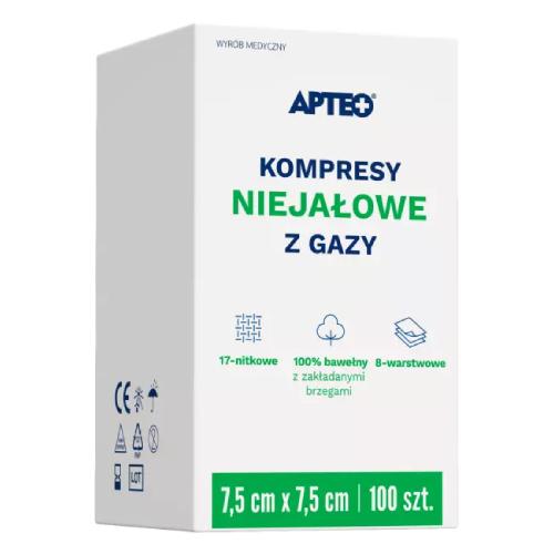 Miniaturka artykułu - APTEO CARE Kompresy niejałowe z gazy 7,5cm x 7,5cm, 100 sztuk