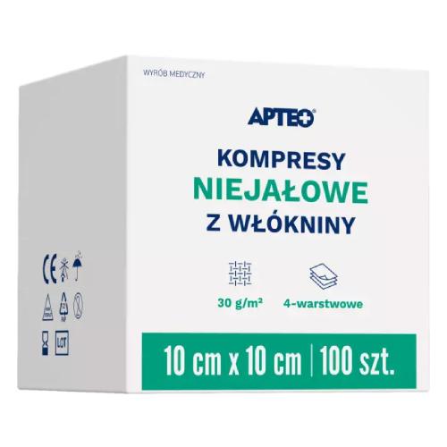 Miniaturka artykułu - APTEO CARE Kompresy niejałowe z wł&oacute;kniny do opatrywania ran 10x10 cm, 100 szt.
