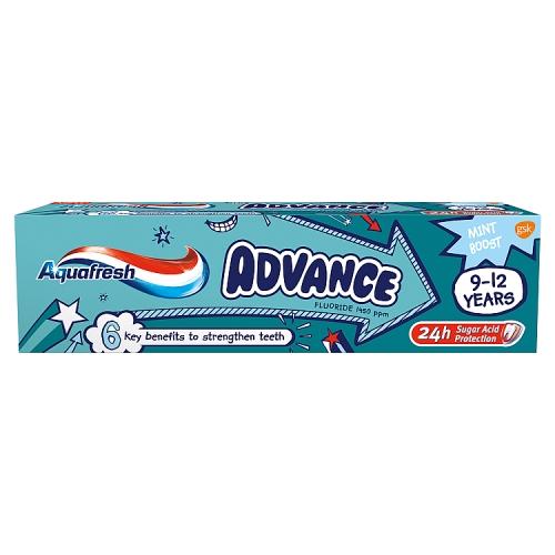 Aquafresh Advance Pasta do zęb&oacute;w stałych dla dzieci 9-12 lat z fluorkiem, 75 ml