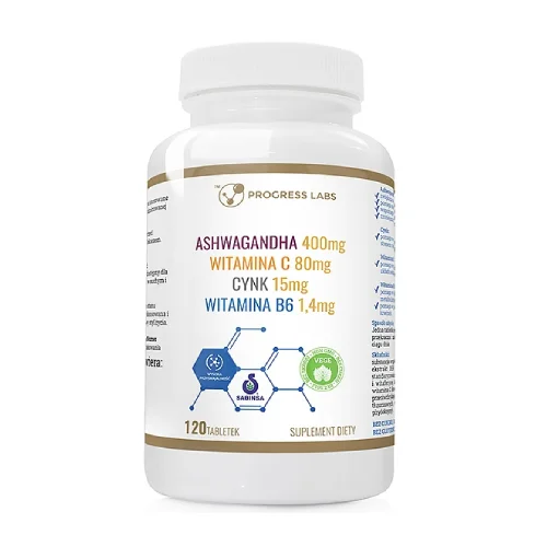 Miniaturka artykułu - Progress Labs Ashwagandha 400 mg Witamina C 80 mg Cynk 15 mg Witamina B6 1,4 mg, 120 tabl.