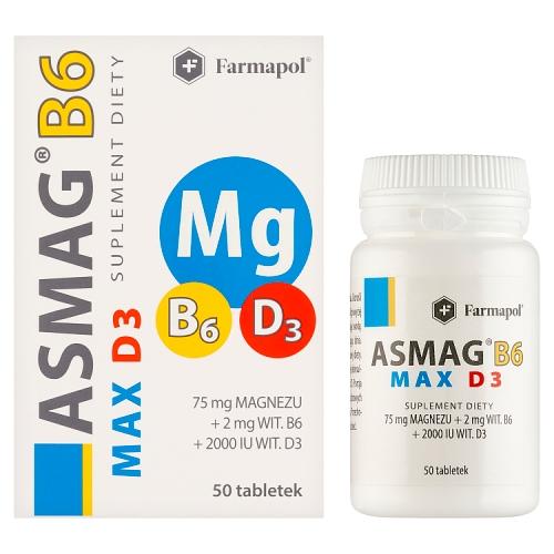 Miniaturka artykułu - Asmag B6 Max magnez + witamina B6 + witamina D3 - 50 tabletek
