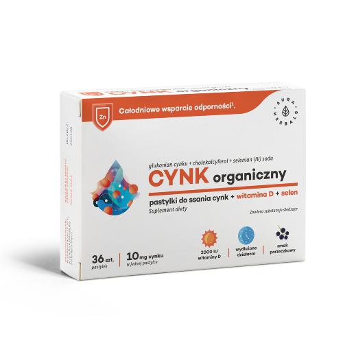 Miniaturka artykułu - AURA HERBALS Cynk organiczny (10 mg) + witamina D3 + selen, 36past.
