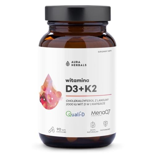 Miniaturka artykułu - AURA HERBALS Witamina D3 2000 IU+ K2, 90 kaps. KR&Oacute;TKA DATA 20.11.2023