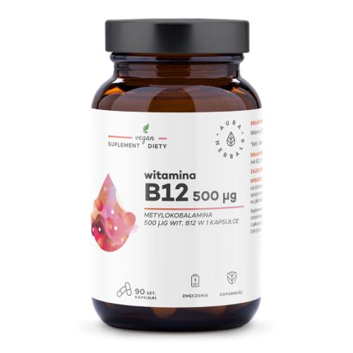 Miniaturka artykułu - AURA HERBALS Witmina B12 500 &micro;g Metylokobalamina, 90 kapsułek