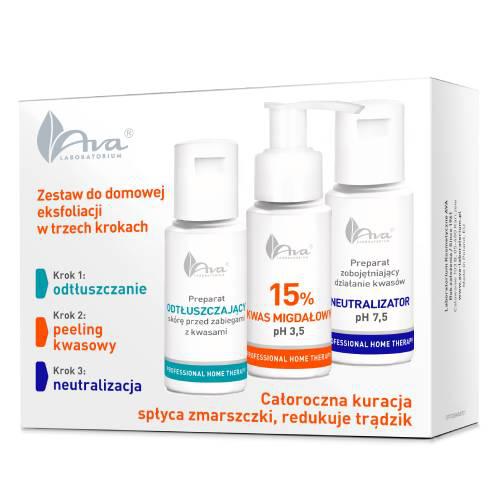 Miniaturka artykułu - AVA Zestaw do domowej eksfoliacji Preparat odtłuszczający, 50ml + Kwas migdałowy 15%, 50ml + Neutralizator, 50ml