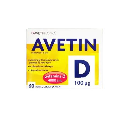 Miniaturka artykułu - AVET PHARMA Avetin D 100 &micro;g (4000 j.m.), 60kaps.