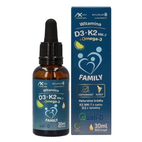 Miniaturka artykułu - AX MED Witamina D3+K2 MK-7+Omega-3 Family Krople dla dzieci i dorosłych, 30 ml
