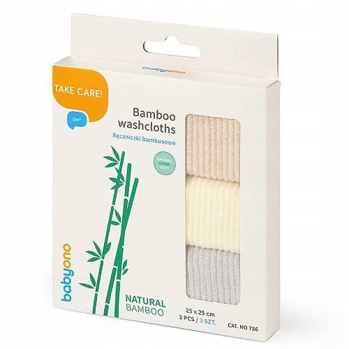 Miniaturka artykułu - BabyOno Natural Bamboo Ręczniki myjki bambusowe beż-ż&oacute;łty-szary, 3 szt.