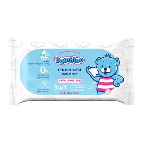Miniaturka artykułu - BAMBINO Chusteczki wodne 3w1 hipoalergiczne, 57szt.